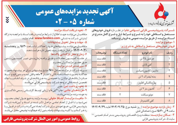 تصویر کوچک آگهی فروش خودروهای مستعمل و اسقاطی خود شامل جرثقیل 35 تن - کفی 5 تن - ماشین کامیون میکسر - بدنه لیفتراک - بیل مکانیکی اطلس - کامیون بز 7 تن - موتورسیکلت - کفی کانتینر دار