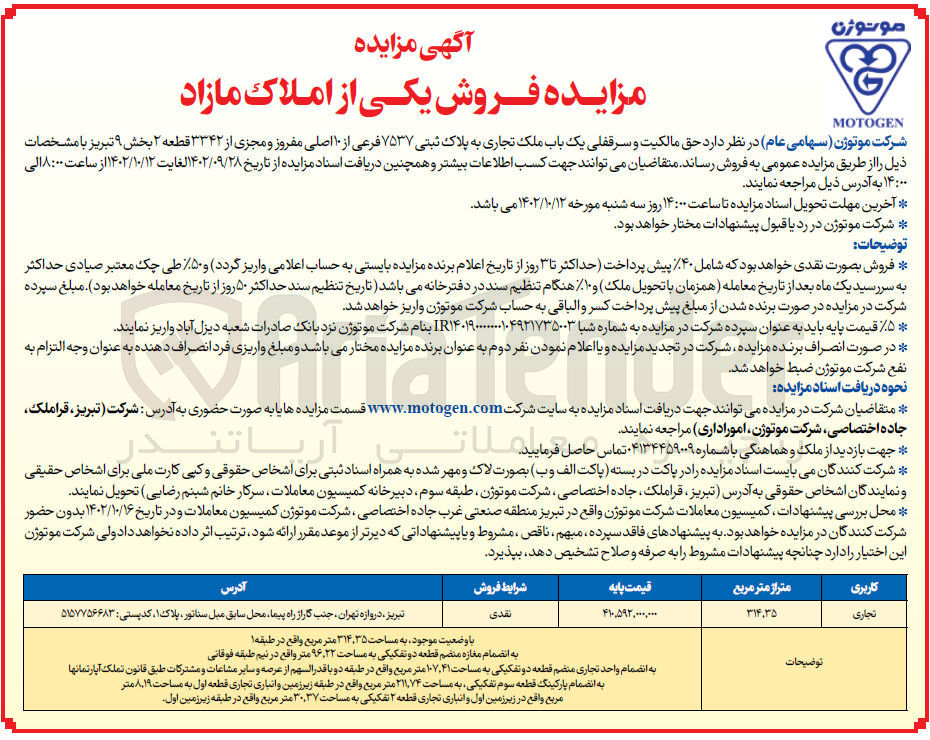 تصویر کوچک آگهی فروش یکی از املاک مازاد شامل حق مالکیت و سرقفلی یک باب ملک تجاری 