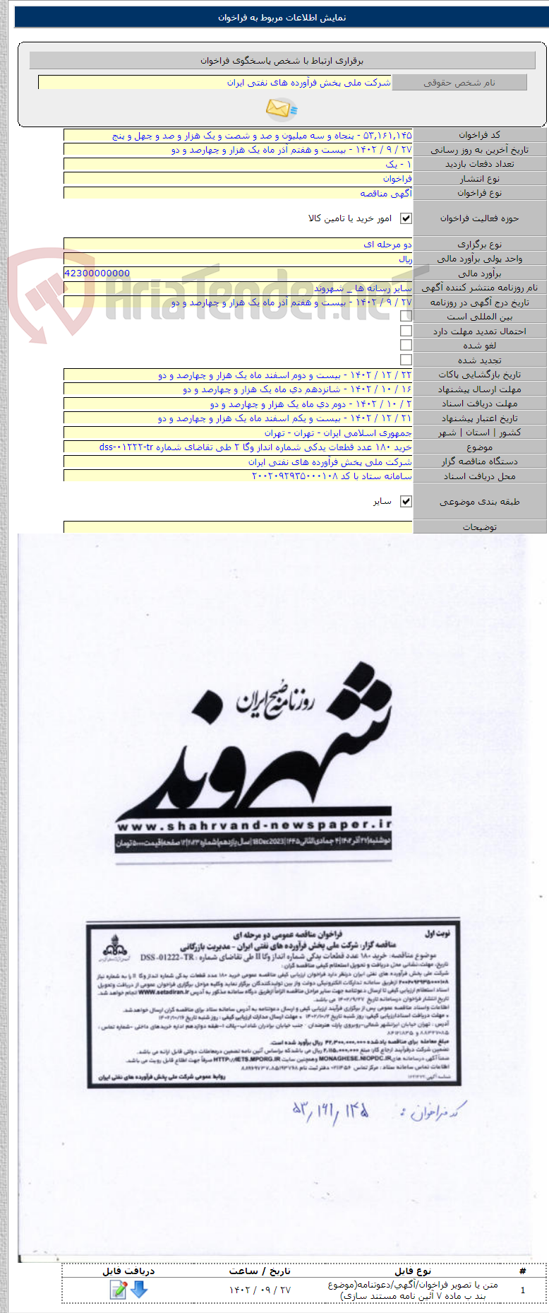 تصویر کوچک آگهی خرید ۱۸۰ عدد قطعات یدکی شماره انداز وگا ۲ طی تقاضای شماره dss-۰۱۲۲۲-tr