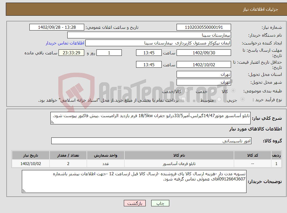 تصویر کوچک آگهی نیاز انتخاب تامین کننده-تابلو آسانسور موتور14/47گیرلس،آمپر33/5درایو جفران 18/5kw فرم بازدید الزامیست .پیش فاکتور پیوست شود.