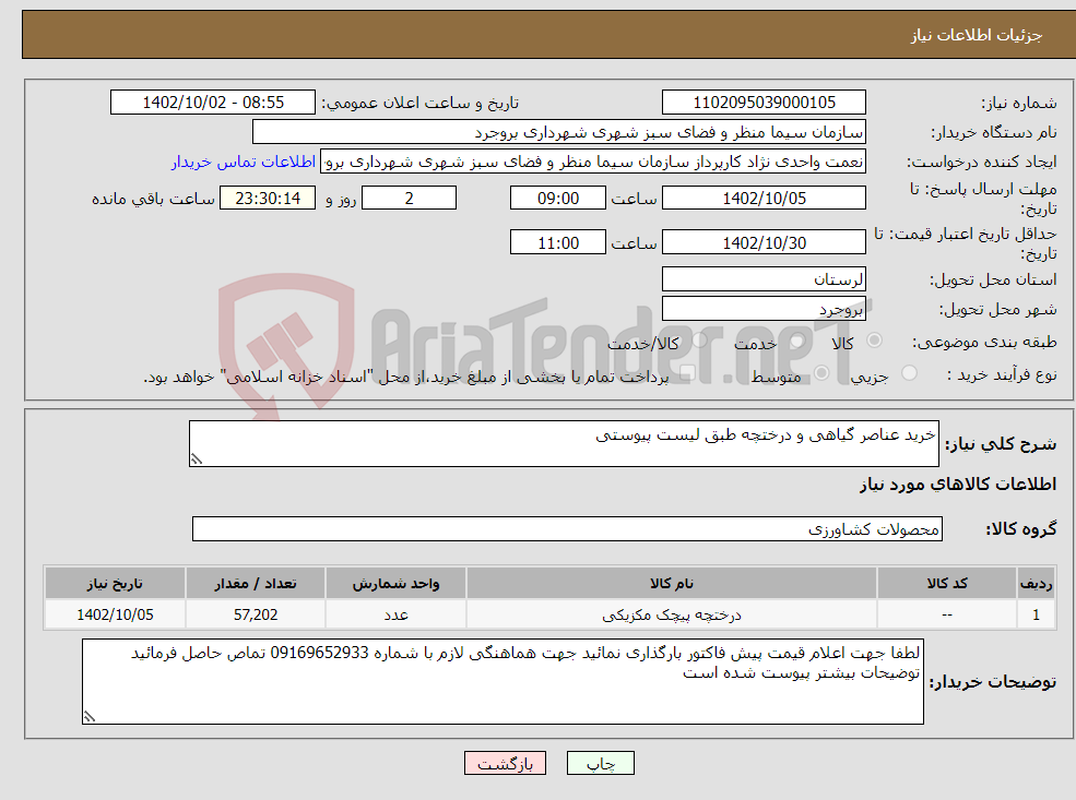 تصویر کوچک آگهی نیاز انتخاب تامین کننده-خرید عناصر گیاهی و درختچه طبق لیست پیوستی 