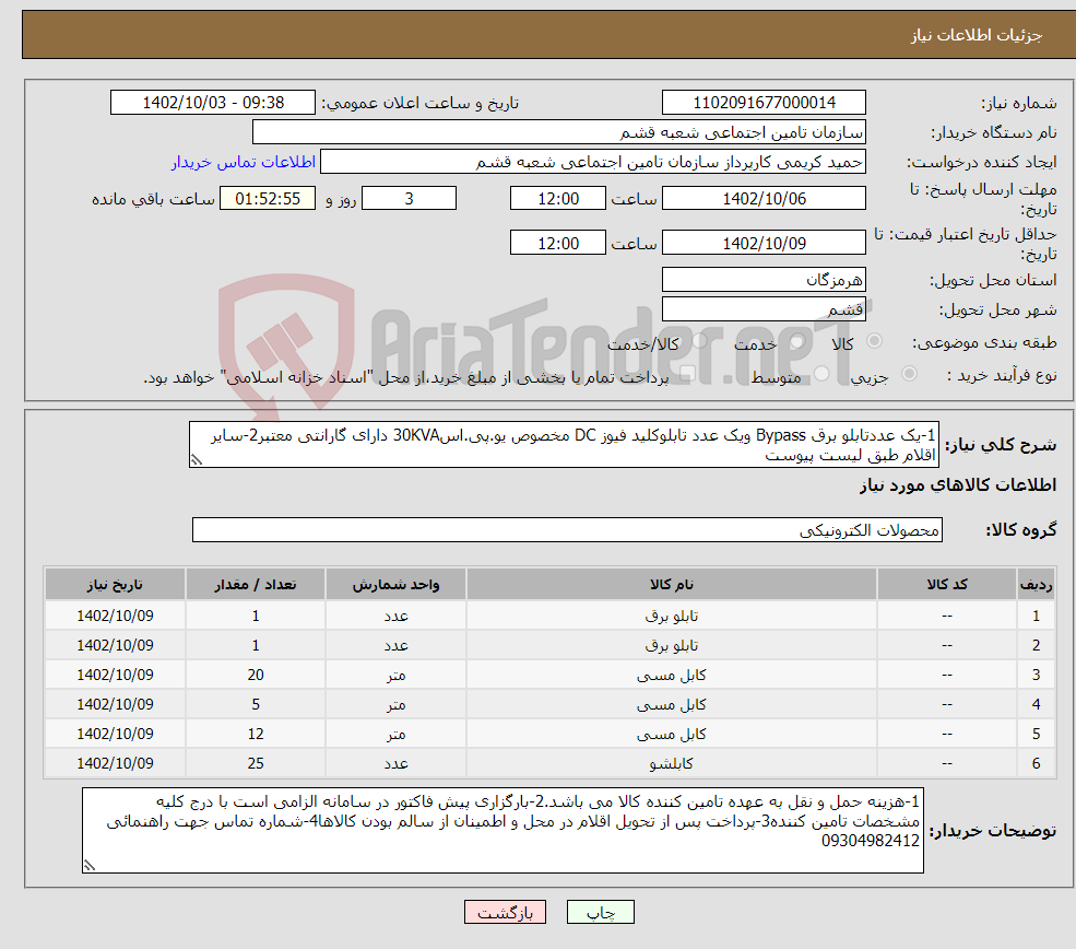 تصویر کوچک آگهی نیاز انتخاب تامین کننده-1-یک عددتابلو برق Bypass ویک عدد تابلوکلید فیوز DC مخصوص یو.پی.اس30KVA دارای گارانتی معتبر2-سایر اقلام طبق لیست پیوست 