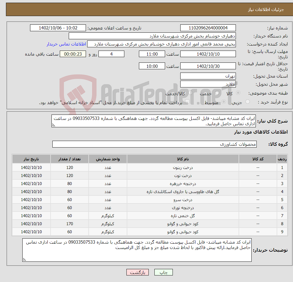 تصویر کوچک آگهی نیاز انتخاب تامین کننده-ایران کد مشابه میباشد- فایل اکسل پیوست مطالعه گردد. جهت هماهنگی با شماره 09033507533 در ساعت اداری تماس حاصل فرمایید.