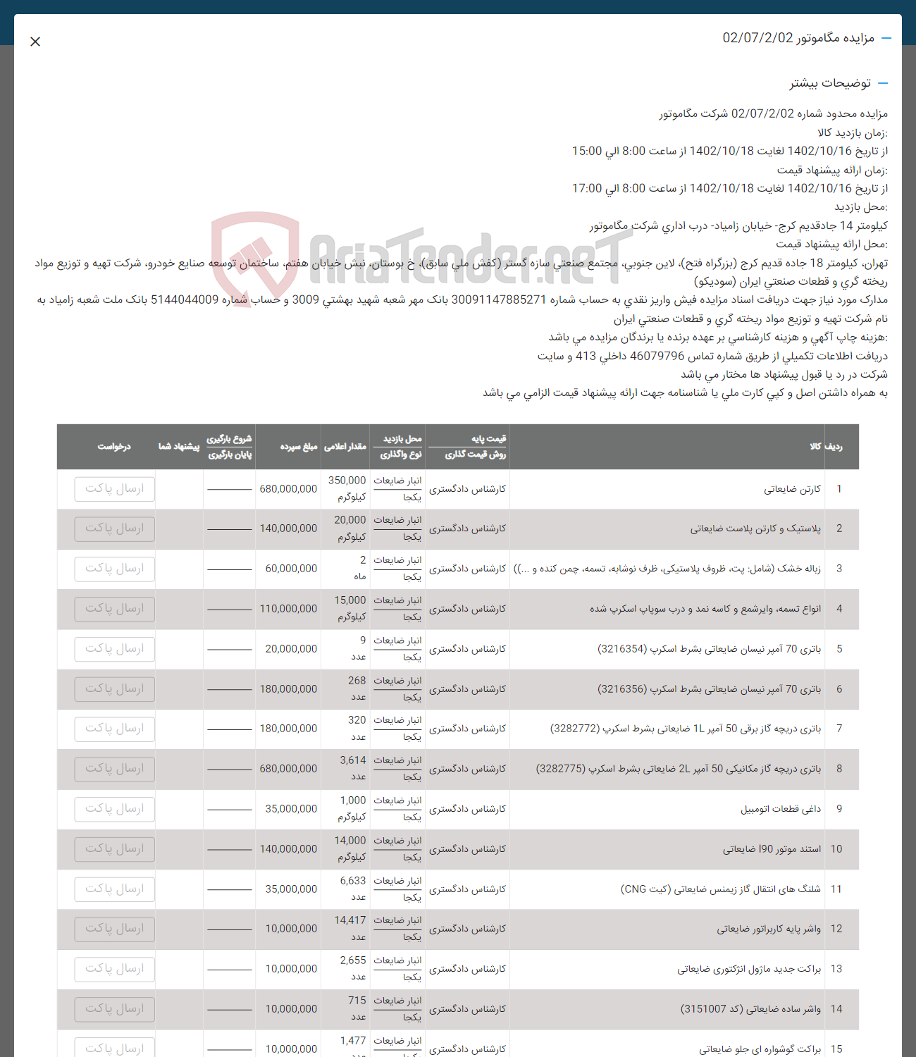 تصویر کوچک آگهی مزایده اقلام در 15 ردیف شامل کارتن ضایعاتی - پلاستیک و کارتن پلاست ضایعاتی - زباله خشک شامل پت، ظروف پلاستیکی، ظرف نوشابه، تسمه ، چمن کنده و ... اناع تسمه، وایر شمعر و کاسه نمد و درب سوپاپ اسکرین شده -- باتری - داغی قطعات استیل - استند موتور - شلنگ های انتقال گاز زیمنس ضایعاتی - واشر پایه کاربراتور ضایعاتی - واشر ساده ضایعاتی - براکت گوشواره ای جلو ضایعاتی 