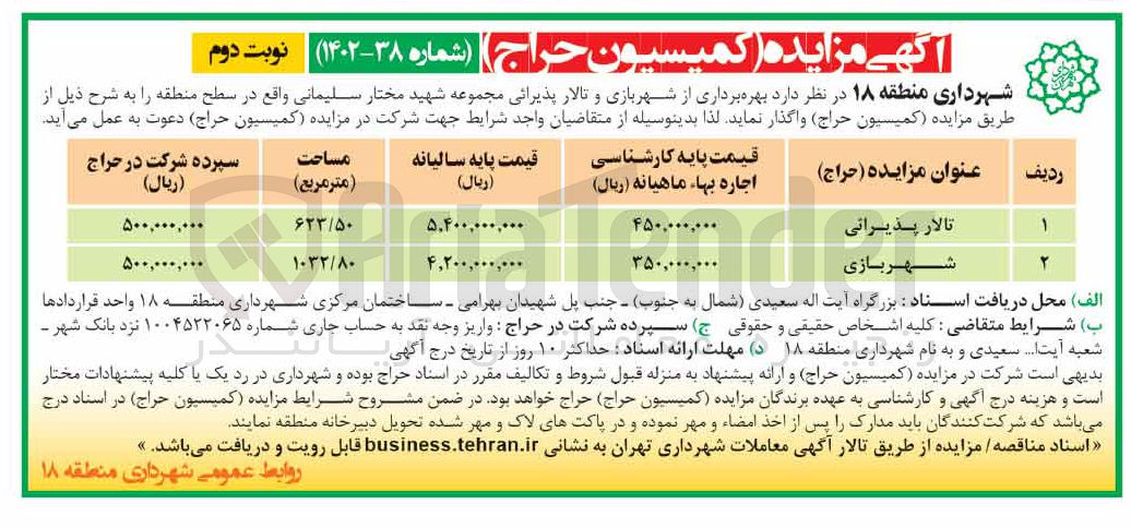 تصویر کوچک آگهی بهره برداری از شهربازی و تالار پذیرایی 