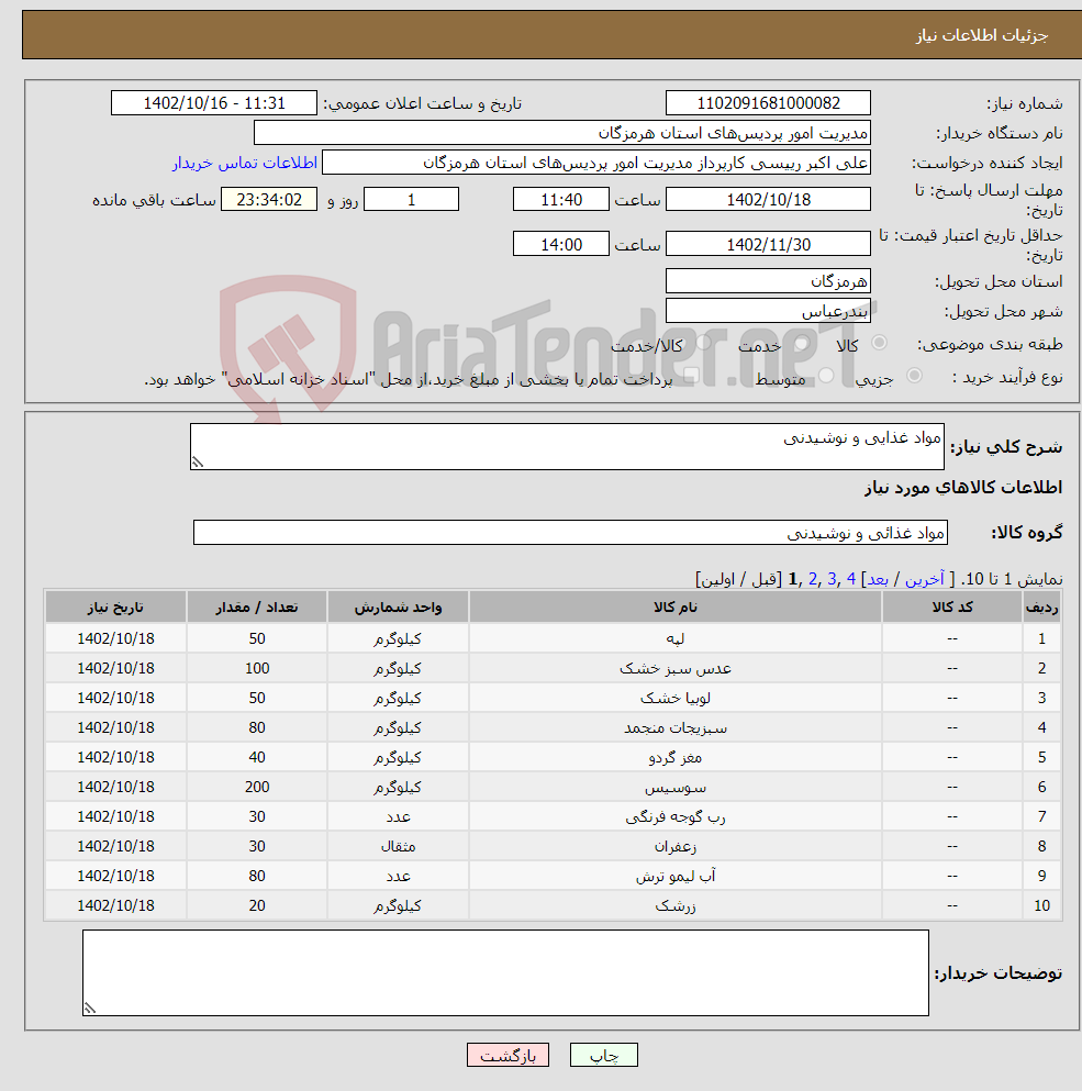 تصویر کوچک آگهی نیاز انتخاب تامین کننده-مواد غذایی و نوشیدنی