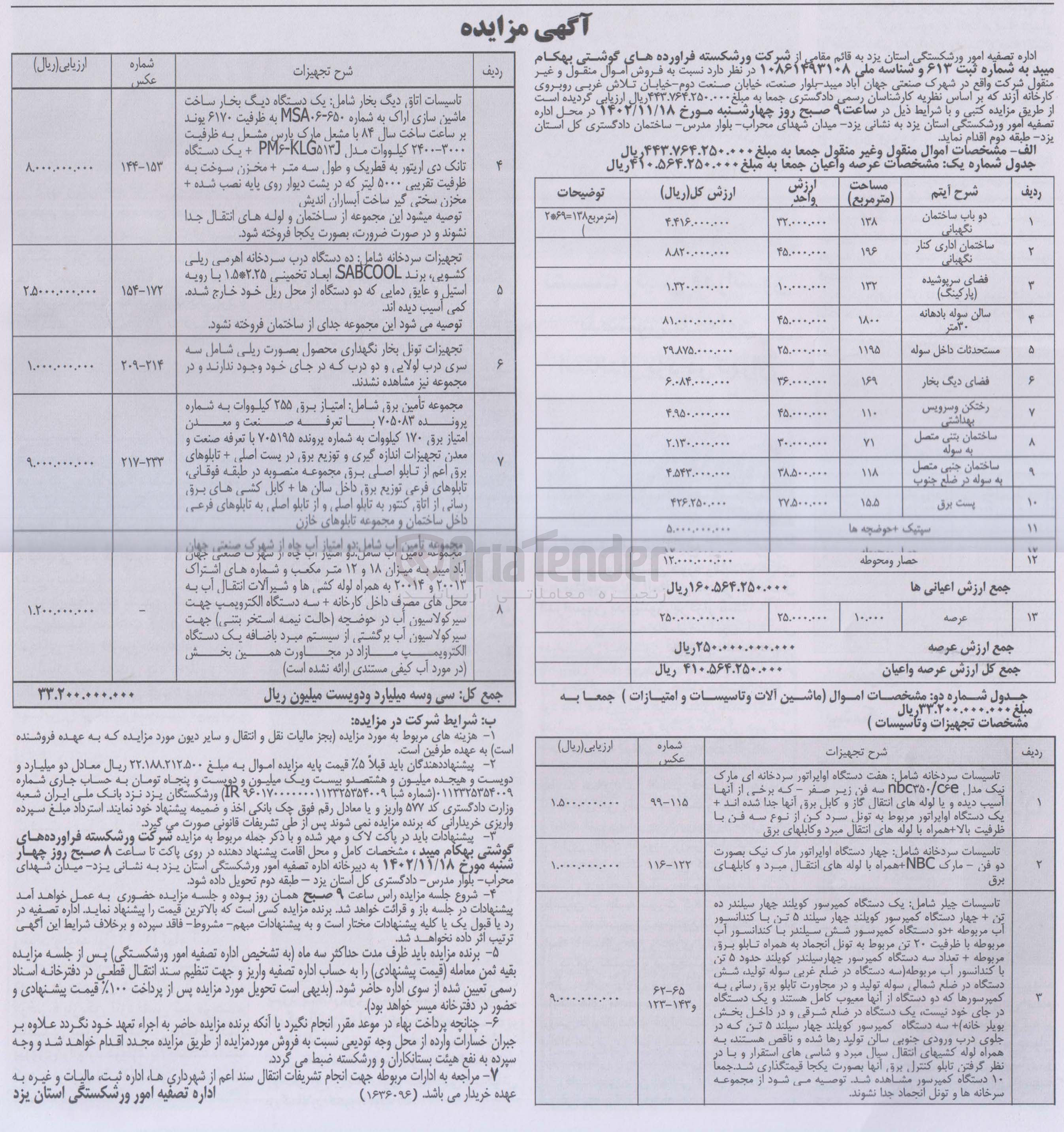 تصویر کوچک آگهی فروش اموال منقل و غیر منقول شرکت شامل : 
عرصه و اعیان در 13  ردیف 
ماشین آلات و تاسیسات و امتیازات در 8 ردیف