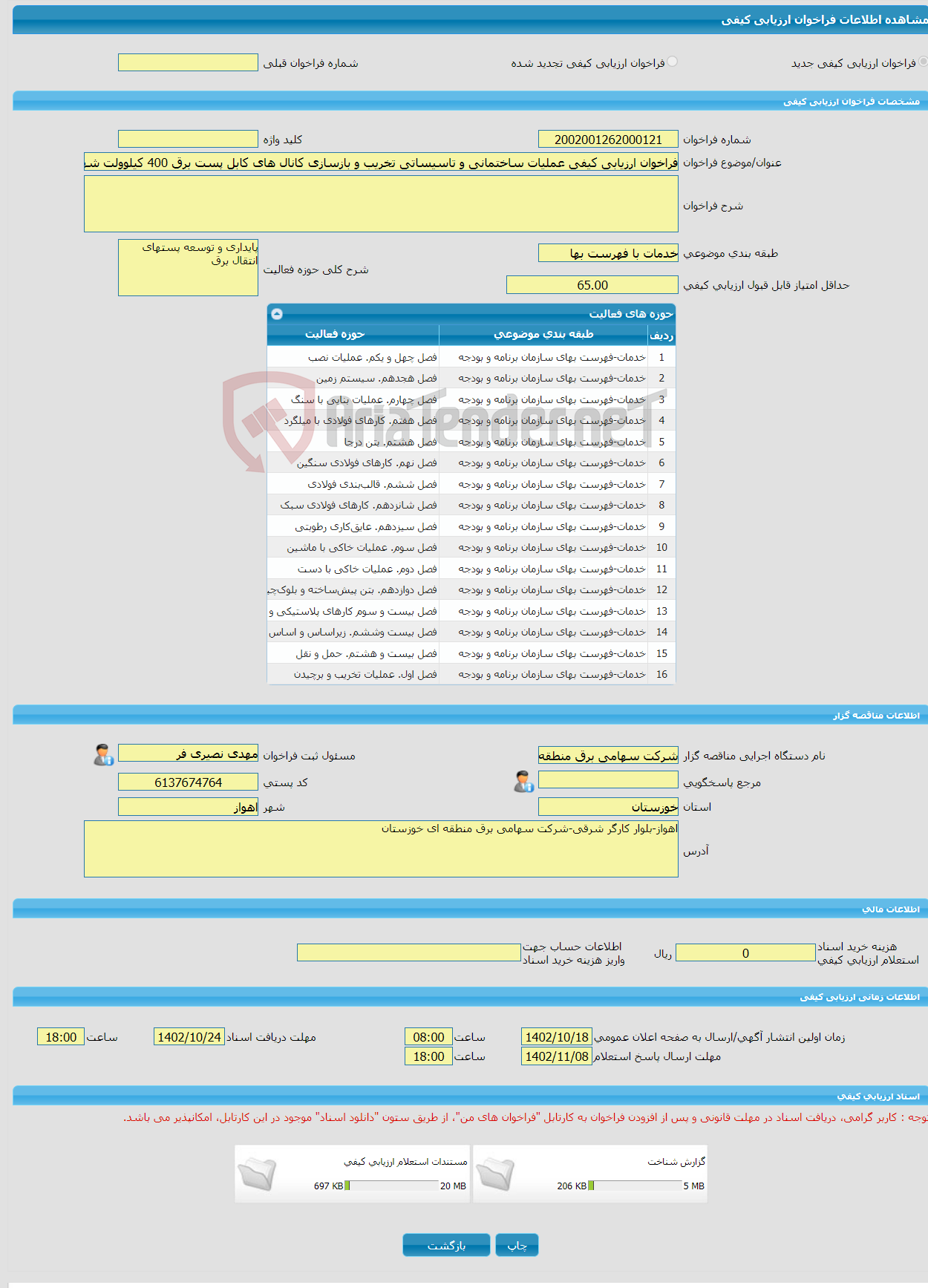 تصویر کوچک آگهی فراخوان ارزیابی کیفی عملیات ساختمانی و تاسیساتی تخریب و بازسازی کانال های کابل پست برق 400 کیلوولت شهید هاشمی