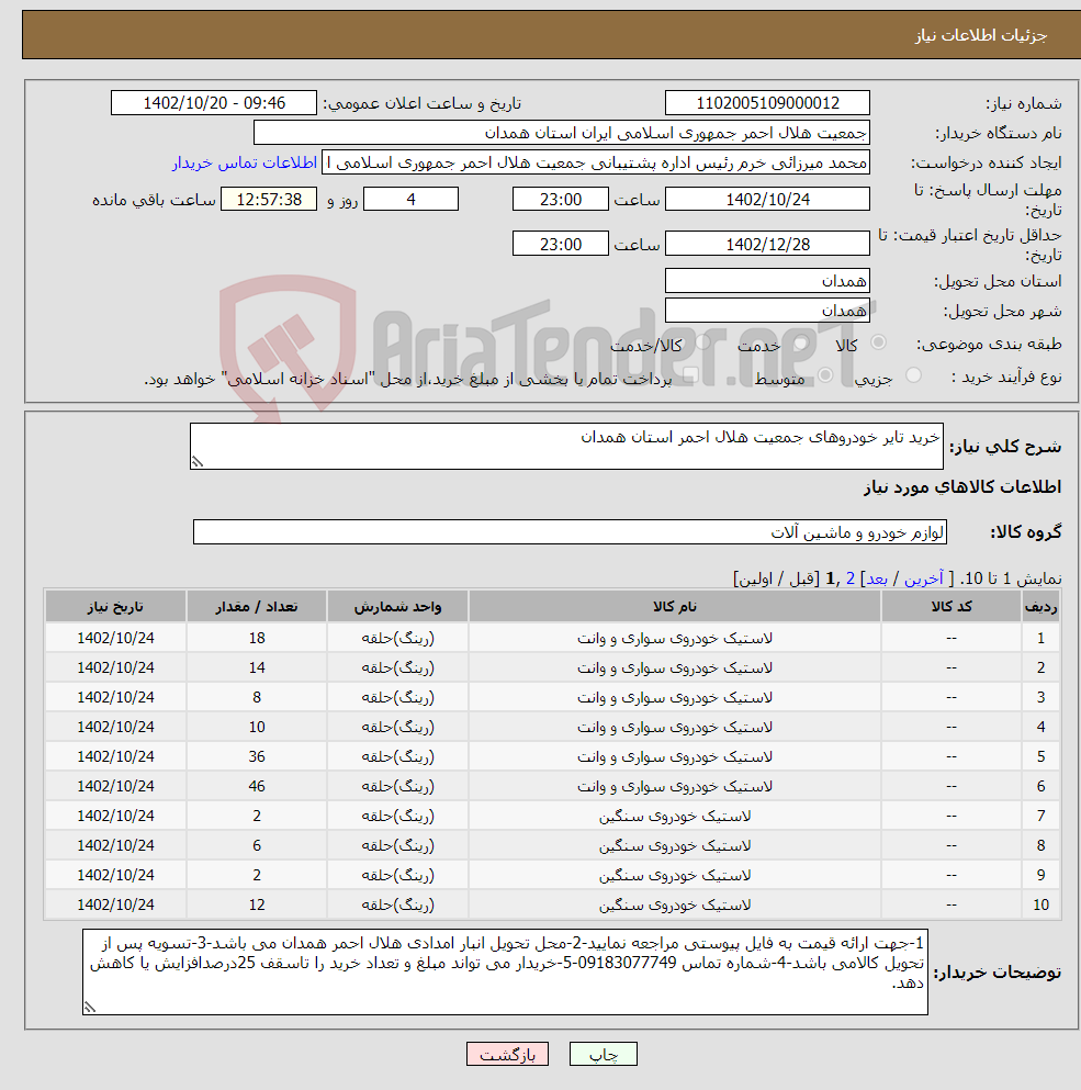 تصویر کوچک آگهی نیاز انتخاب تامین کننده-خرید تایر خودروهای جمعیت هلال احمر استان همدان