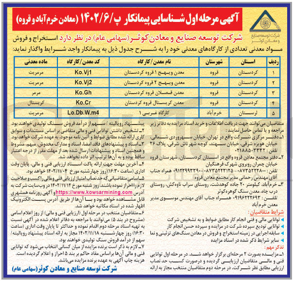 تصویر کوچک آگهی استخراج و فروش مواد معدنی از کارگاه های معدنی در 5 ردیف با ماده معدنی ممرمریت-مرمر-کریستان- در شهر استان کردستان