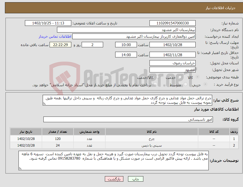 تصویر کوچک آگهی نیاز انتخاب تامین کننده-چرخ ترالی حمل مواد غذایی و چرخ گاری حمل مواد غذایی و چرخ گاری زباله و سینی داخل ترالیها .همه طبق نمونه پیوست به فایل پیوست توجه گردد