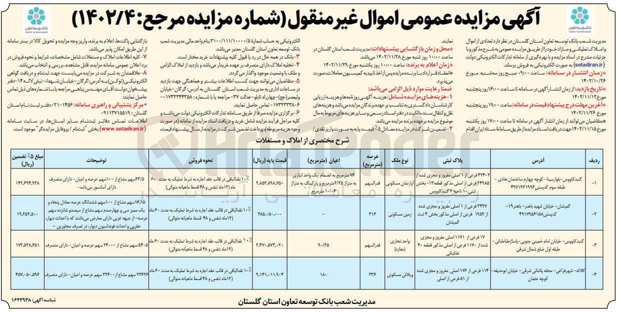 تصویر کوچک آگهی فروش تعدادی از اموال و املاک تملیکی و مازاد خود در 4 ردیف شامل آپارتمان مسکونی - زمین مسکونی - واحد تجاری -ویلائی مسکونی 