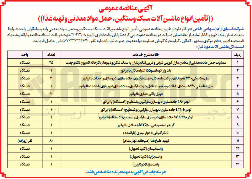 تصویر کوچک آگهی تامین انواع ماشین آلات سبک و سنگین حمل مواد معدنی و تهیه غذا