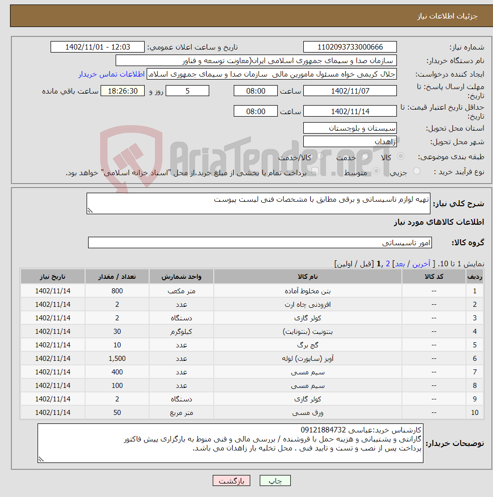 تصویر کوچک آگهی نیاز انتخاب تامین کننده-تهیه لوازم تاسیساتی و برقی مطابق با مشخصات فنی لیست پیوست