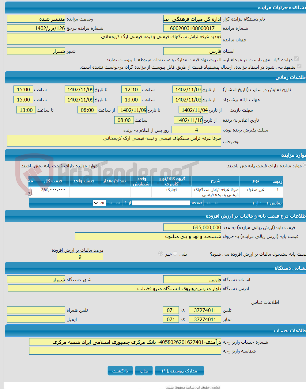 تصویر کوچک آگهی تجدید غرفه تراش سنگهای قیمتی و نیمه قیمتی ارگ کریمخانی