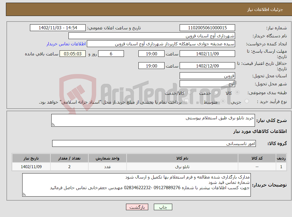 تصویر کوچک آگهی نیاز انتخاب تامین کننده-خرید تابلو برق طبق استعلام پیوستی 