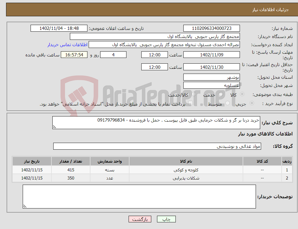 تصویر کوچک آگهی نیاز انتخاب تامین کننده-خرید درنا بر گر و شکلات خرمایی طبق فایل پیوست . حمل با فروشنده - 09179796834