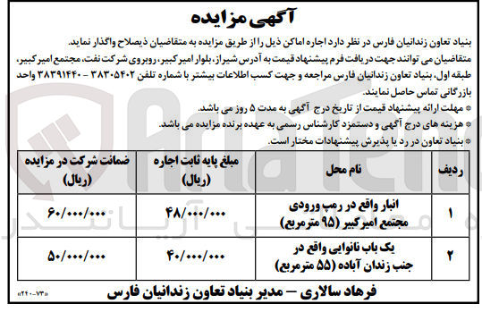 تصویر کوچک آگهی اجاره اماکن ذیل :1- یک انبار 2- یک باب نانوایی