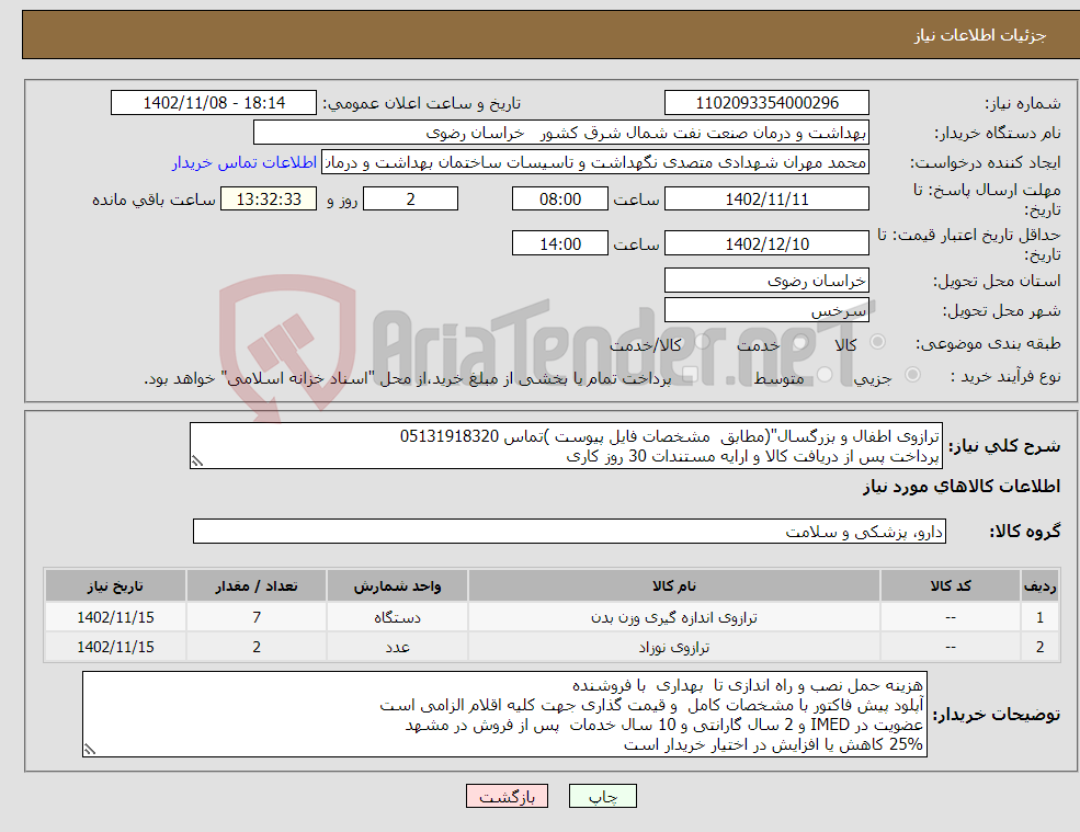 تصویر کوچک آگهی نیاز انتخاب تامین کننده-ترازوی اطفال و بزرگسال"(مطابق مشخصات فایل پیوست )تماس 05131918320 پرداخت پس از دریافت کالا و ارایه مستندات 30 روز کاری 