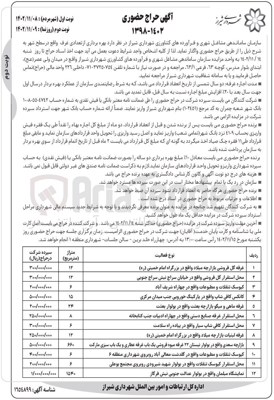 تصویر کوچک آگهی بهره برداری از تعدادی غرف