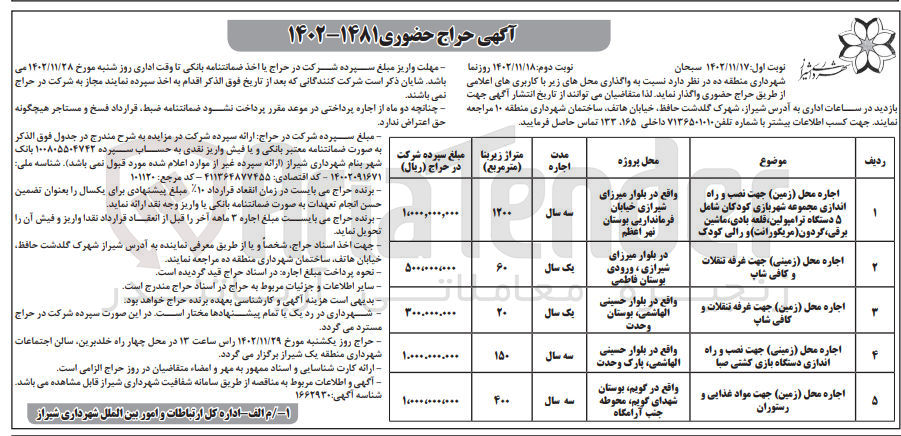 تصویر کوچک آگهی واگذاری محل های زیر با کاربری های شهربازی - غرفه و کافی شاپ - رستوران در 5 ردیف 