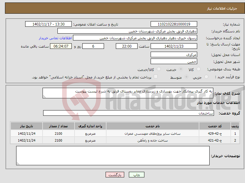 تصویر کوچک آگهی نیاز انتخاب تامین کننده-به کار گیری پیمانکار جهت بهسازی و زیرسازی معابر روستای فرنق به شرح لیست پیوست