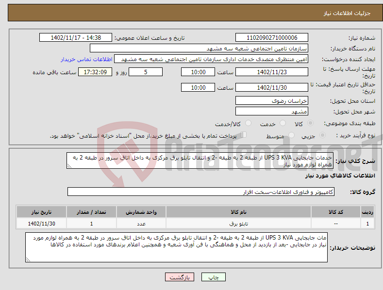 تصویر کوچک آگهی نیاز انتخاب تامین کننده-خدمات جابجاپی UPS 3 KVA از طبقه 2 به طیقه -2 و انتقال تابلو برق مرکزی به داخل اتاق سرور در طبقه 2 به همراه لوازم مورد نیاز