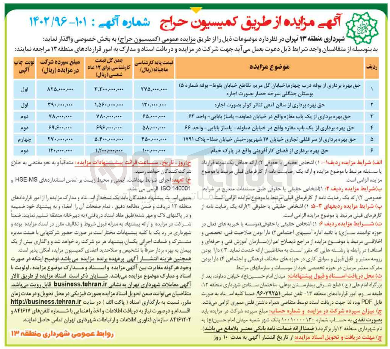 تصویر کوچک آگهی واگذاری اماکن در 6 ردیف شامل حق بهره بردارثی از بوفه درب چهارم - سالن آمفی تئاتر - مغازه - سرقفلی تجاری - فضای کارآفرینی