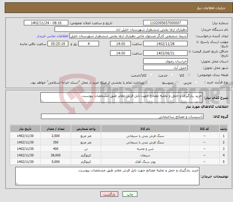 تصویر کوچک آگهی نیاز انتخاب تامین کننده-خرید ,بارگیری و حمل و تخلیه مصالح جهت تایل فرش معابر طبق مشخصات پیوست.