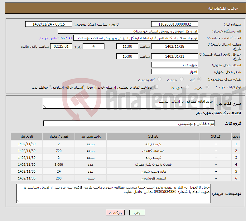 تصویر کوچک آگهی نیاز انتخاب تامین کننده-خرید اقلام مصرفی بر اساس لیست 