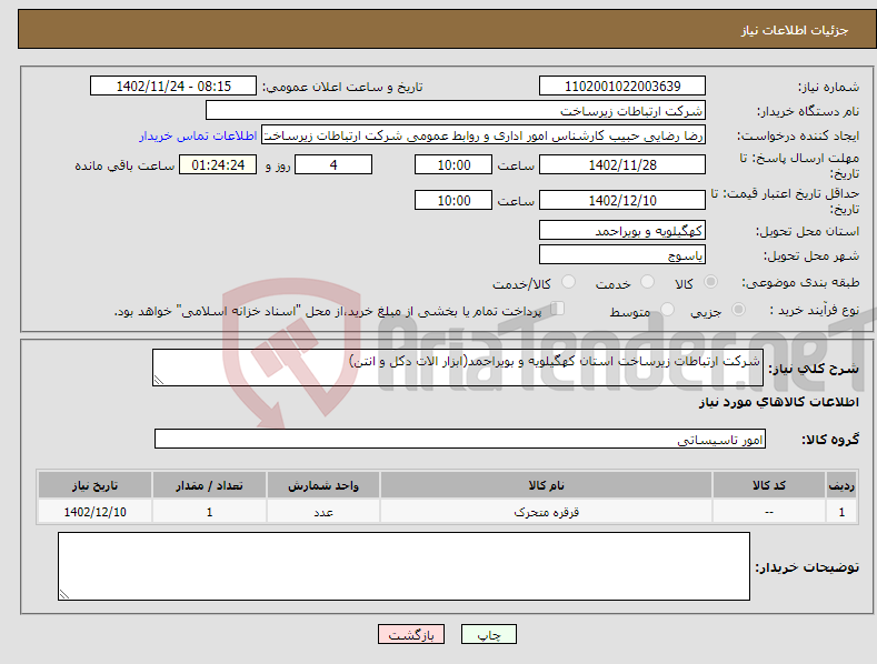 تصویر کوچک آگهی نیاز انتخاب تامین کننده-شرکت ارتباطات زیرساخت استان کهگیلویه و بویراحمد(ابزار الات دکل و انتن)