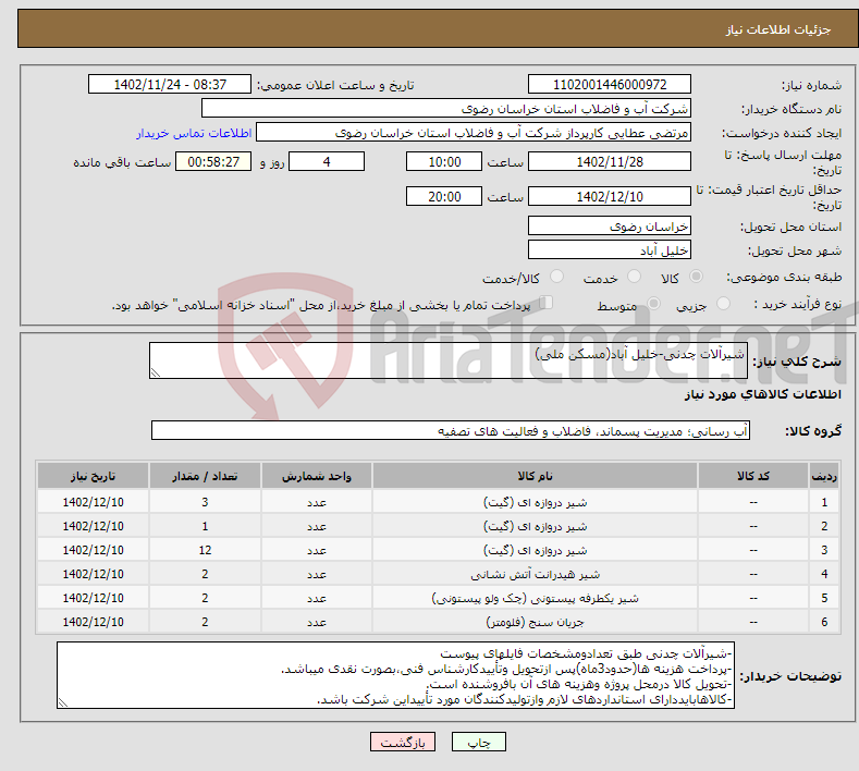 تصویر کوچک آگهی نیاز انتخاب تامین کننده-شیرآلات چدنی-خلیل آباد(مسکن ملی)