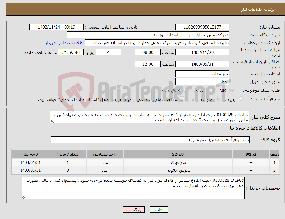 تصویر کوچک آگهی نیاز انتخاب تامین کننده-تقاضای 0130328 جهت اطلاع بیشتر از کالای مورد نیاز به تقاضای پیوست شده مراجعه شود ، پیشنهاد فنی ، مالی بصورت مجزا پیوست گردد ، خرید اعتباری است.