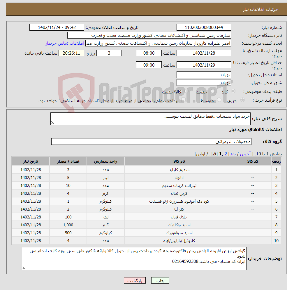 تصویر کوچک آگهی نیاز انتخاب تامین کننده-خرید مواد شیمیایی.فقط مطابق لیست پیوست.