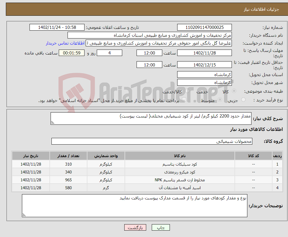 تصویر کوچک آگهی نیاز انتخاب تامین کننده-مقدار حدود 2200 کیلو گرم/ لیتر از کود شیمیایی مختلف( لیست پیوست)