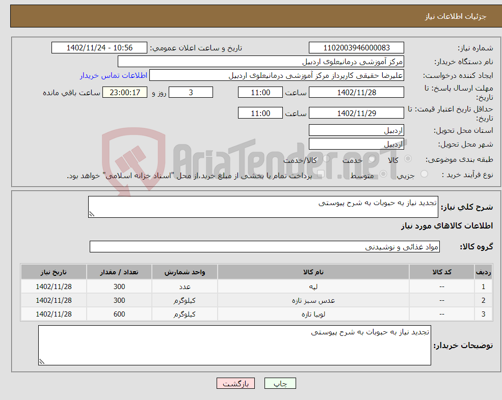 تصویر کوچک آگهی نیاز انتخاب تامین کننده-تجدید نیاز به حبوبات به شرح پیوستی