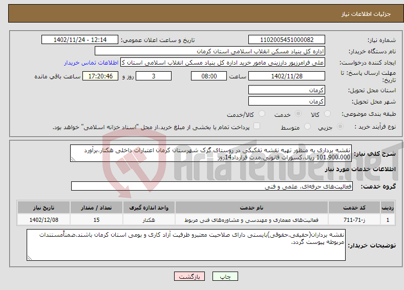 تصویر کوچک آگهی نیاز انتخاب تامین کننده-نقشه برداری به منظور تهیه نقشه تفکیکی در روستای گزک شهرستان کرمان اعتبارات داخلی هکتار،برآورد 101.900.000 ریال،کسورات قانونی،مدت قرارداد14روز