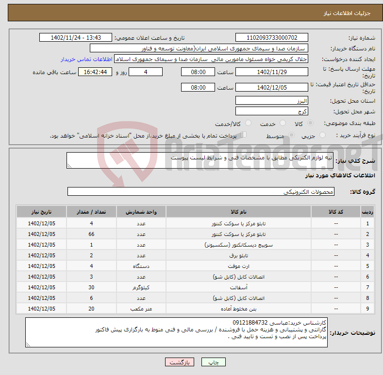 تصویر کوچک آگهی نیاز انتخاب تامین کننده-تیه لوازم الکتریکی مطابق با مشخصات فنی و شرایط لیست پیوست