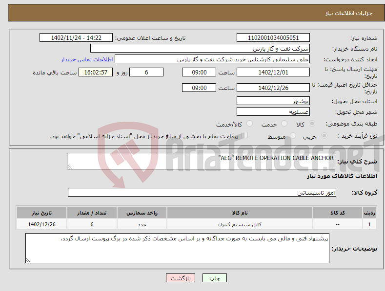 تصویر کوچک آگهی نیاز انتخاب تامین کننده-AEG" REMOTE OPERATION CABLE ANCHOR"