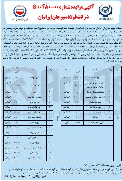 تصویر کوچک آگهی فروش تعدادی از ضایعات غیر تولیدی موجود در انبار احیاء مستقیم و فولاسازی  در 9 ردیف شامل چوب سکب - انواع نوار نقاله نخی و سیمی ضایعاتی به صورت درهم - پکینگ پلاستیکی ضایعاتی - آجر نسوز ضایعاتی منیزیتی - جامبو بگ ضایعاتی - سیم و کابل برق - شیم و براده مس - سرکابل - باتری ضایعاتی (642 عدد) 
و مجتمع معادن کنساتره و گندله سازی  در 16 ریف شامل آهن کروم دار - آهن منگنز دار - چدن - لیفتربار و شل بلیت - مش پلی اورتان - نوار نقاله (نخ دار) - نوار نقاله (سیمی) - ضایعات تخته چوب - رولیک آهنی - ضایعات سیم مسی - گریس سوخته - بشکه خالی آهنی - پارچه برزنتی - ضایعات گریت بار و اسپیس دار - لوله ترلکس - ضاثیعات لاستیکی