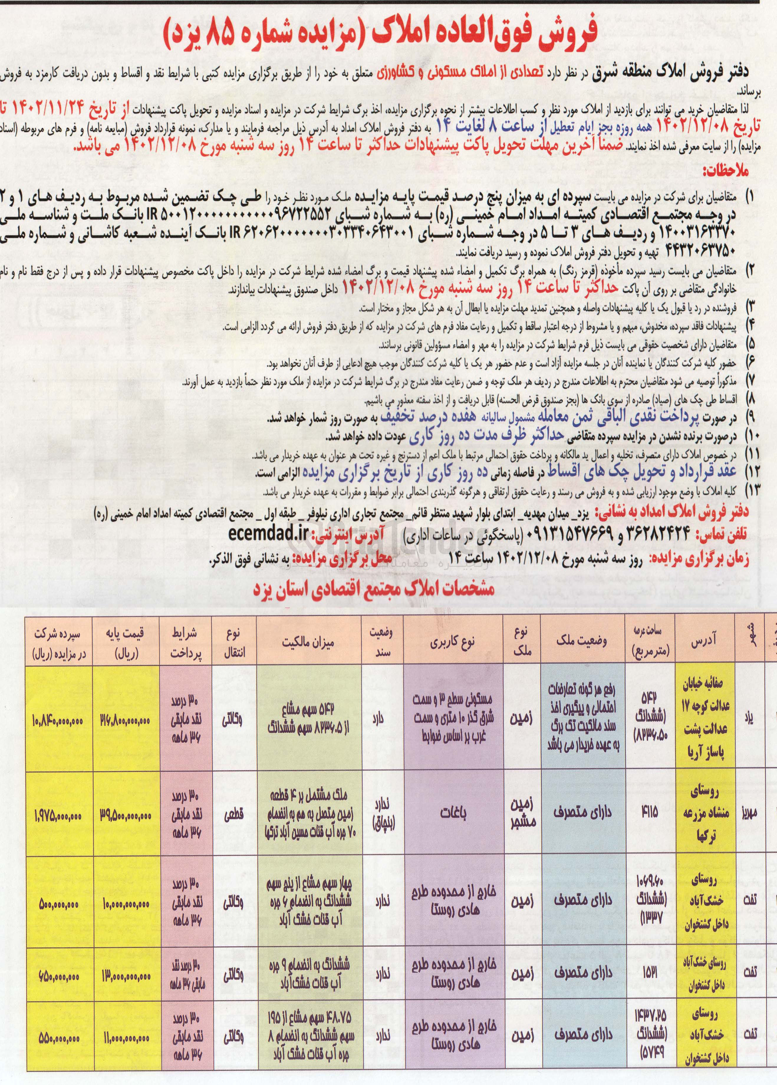 تصویر کوچک آگهی فروش تعدادی از املاک مسکونی و کشاورزی در 5 ردیف