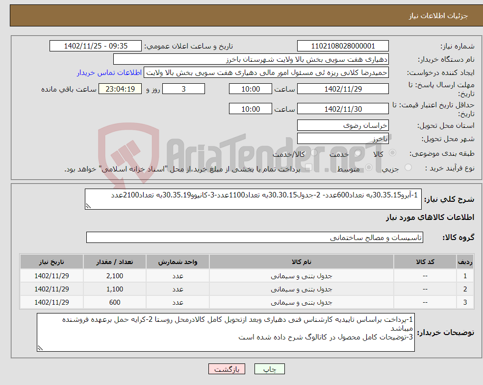 تصویر کوچک آگهی نیاز انتخاب تامین کننده- 1-آبرو30.35.15به نعداد600عدد- 2-جدول30.30.15به تعداد1100عدد-3-کانیوو30.35.19به تعداد2100عدد