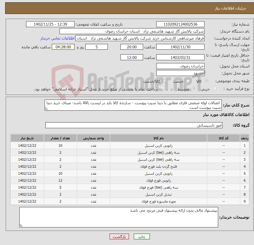 تصویر کوچک آگهی نیاز انتخاب تامین کننده- اتصالات لوله صنعتی فلزی مطابق با دیتا شیت پیوست - سازنده کالا باید در لیست AVL باشد- مبنای خرید دیتا شیت پیوست است