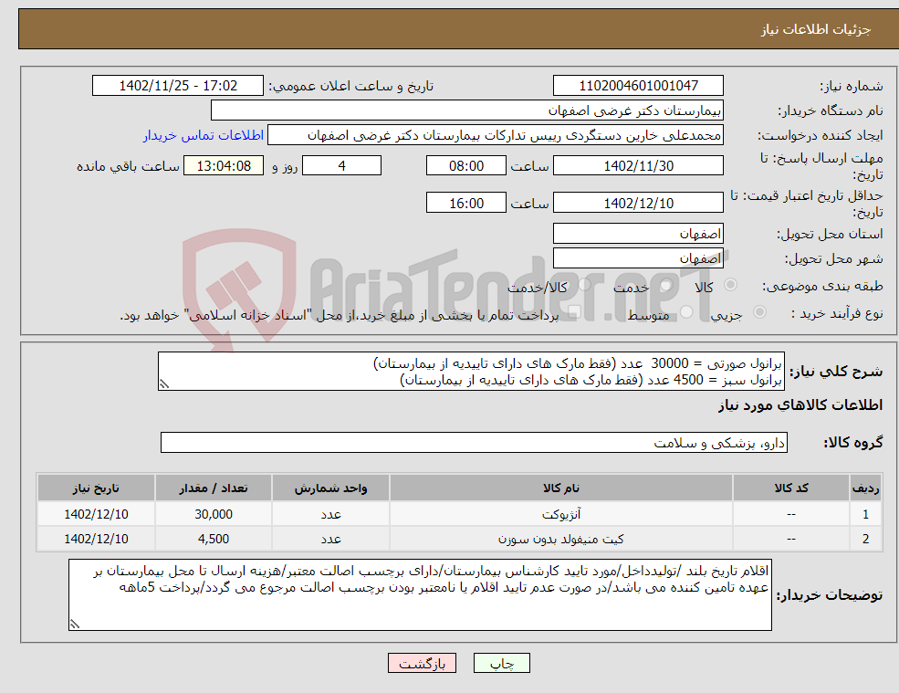 تصویر کوچک آگهی نیاز انتخاب تامین کننده-برانول صورتی = 30000 عدد (فقط مارک های دارای تاییدیه از بیمارستان) برانول سبز = 4500 عدد (فقط مارک های دارای تاییدیه از بیمارستان)