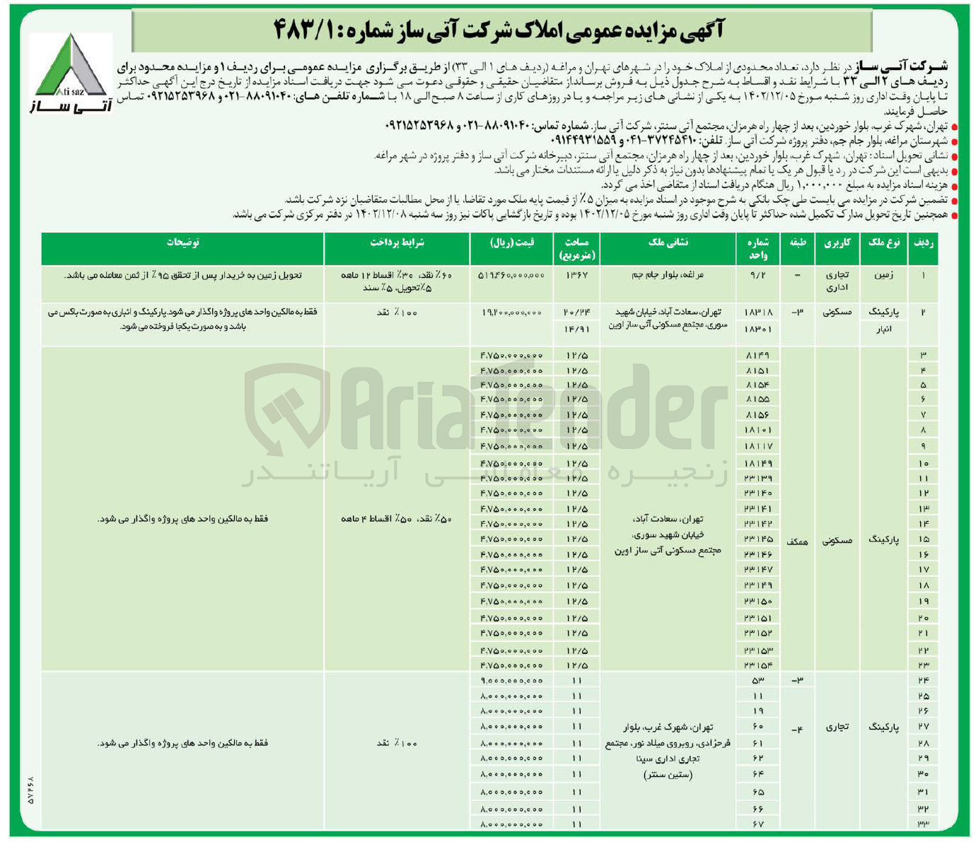 تصویر کوچک آگهی فروش تعداد محدودی املاک در 33 ردیف 