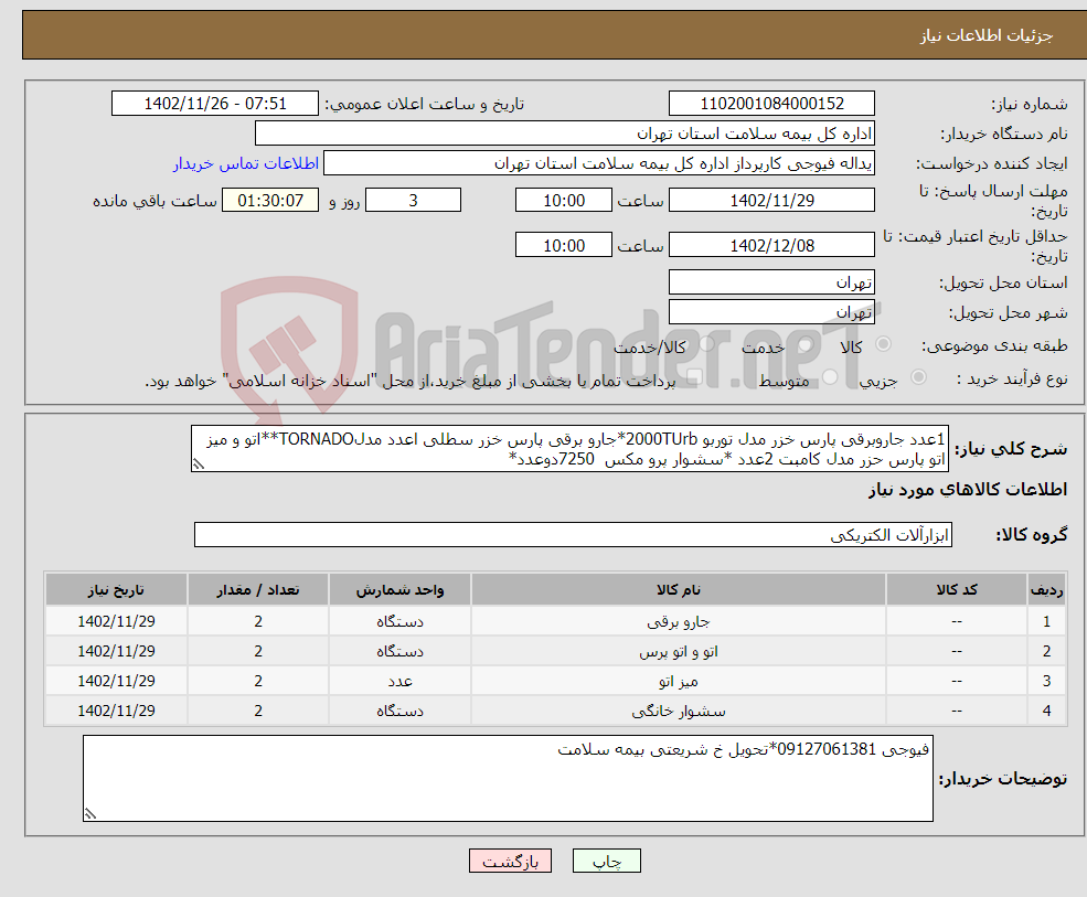 تصویر کوچک آگهی نیاز انتخاب تامین کننده-1عدد جاروبرقی پارس خزر مدل توربو 2000TUrb*جارو برقی پارس خزر سطلی اعدد مدلTORNADO**اتو و میز اتو پارس حزر مدل کامبت 2عدد *سشوار پرو مکس 7250دوعدد*