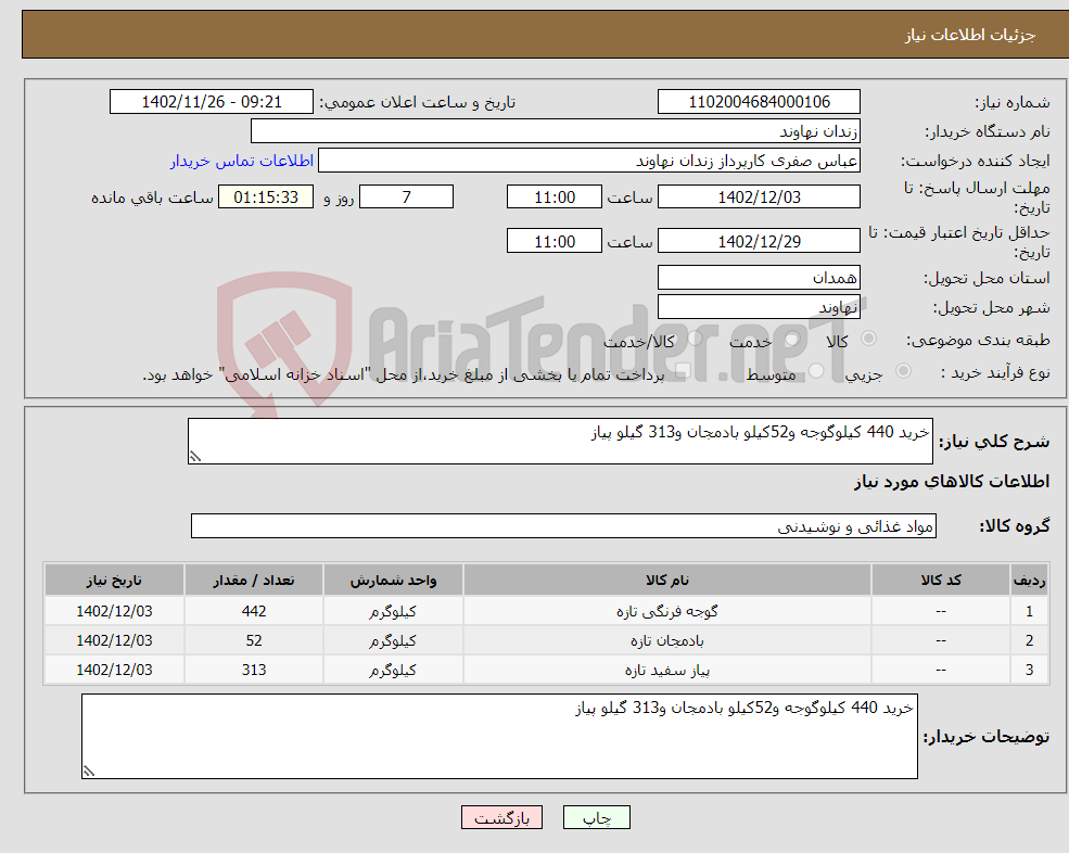 تصویر کوچک آگهی نیاز انتخاب تامین کننده-خرید 440 کیلوگوجه و52کیلو بادمجان و313 گیلو پیاز