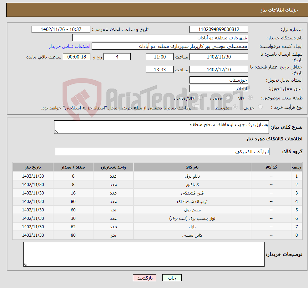 تصویر کوچک آگهی نیاز انتخاب تامین کننده-وسایل برق جهت ابنماهای سطح منطقه