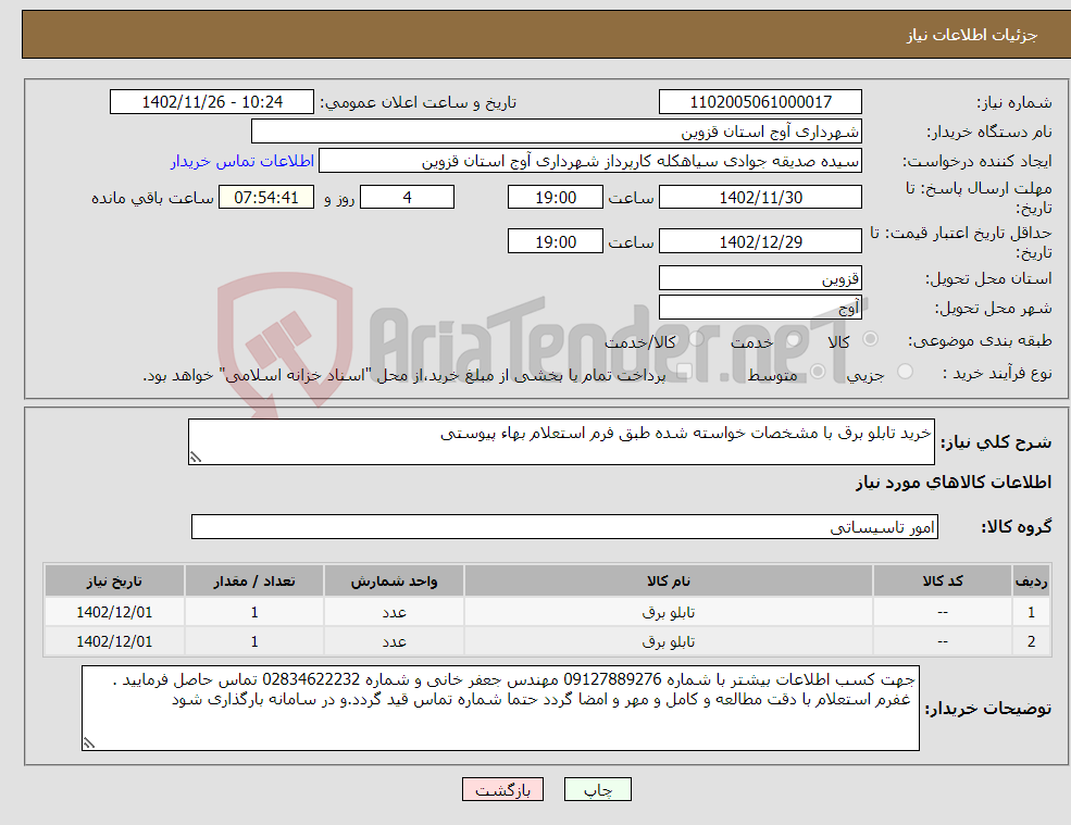 تصویر کوچک آگهی نیاز انتخاب تامین کننده-خرید تابلو برق با مشخصات خواسته شده طبق فرم استعلام بهاء پیوستی 