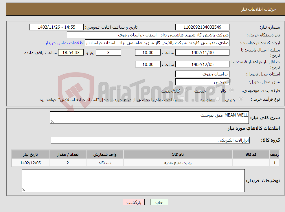 تصویر کوچک آگهی نیاز انتخاب تامین کننده-MEAN WELL طبق پیوست